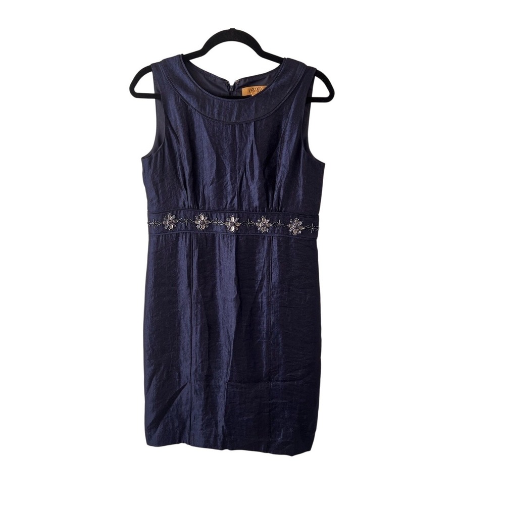 Vintage Kasper Navy Blue Shimmer Satin Embellished Cocktail Dress Size 8